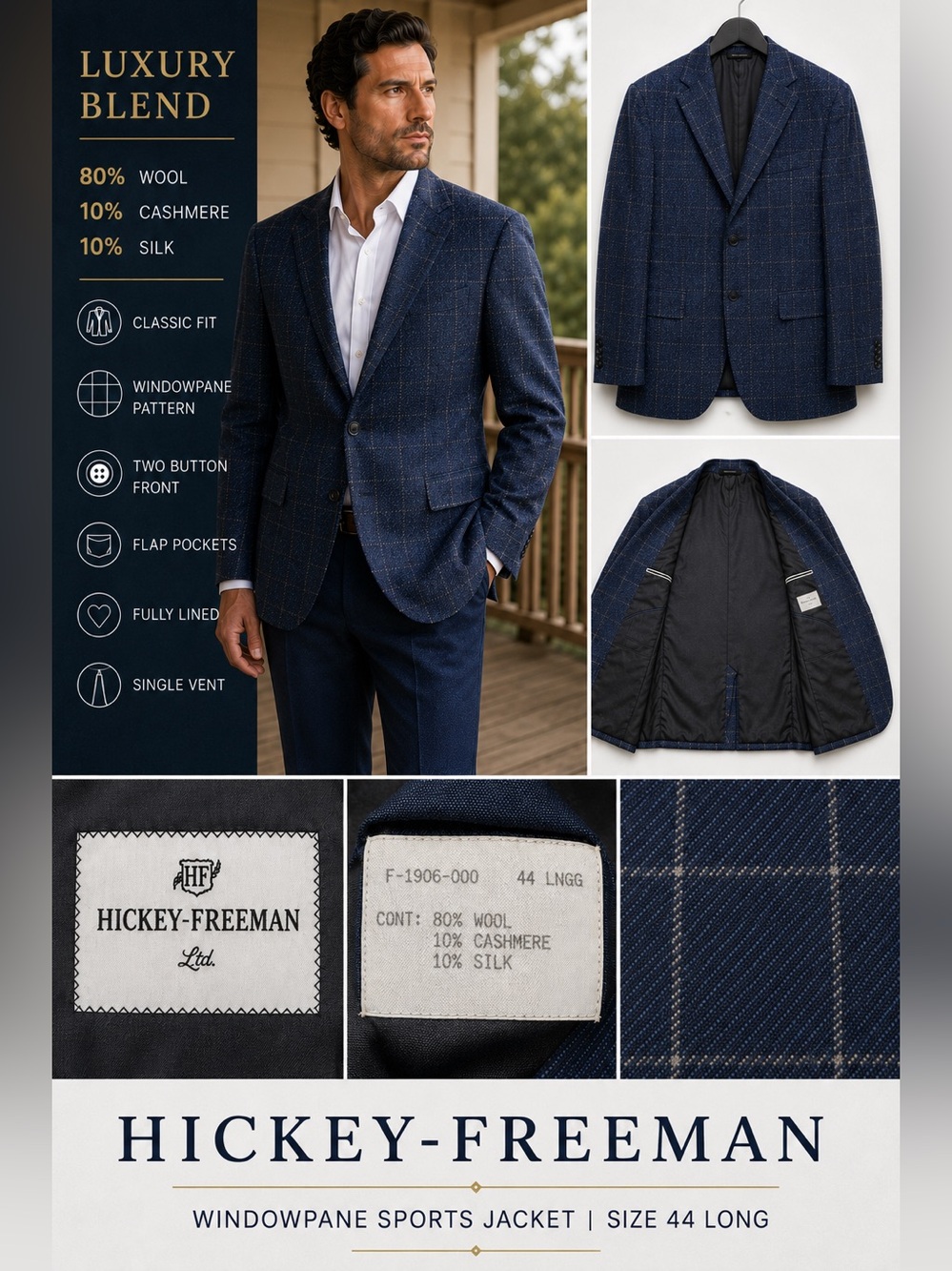 Hickey Freeman Navy Windowpane Wool Silk Cashmere Sport Coat 44L